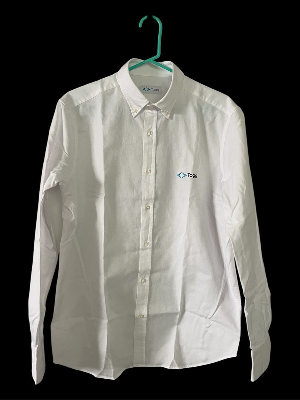Men's White Button-Down Dress Shirt with Logo- Size Large